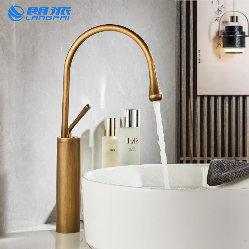 Langpai Antique Copper Faucet Retro Household Hot and Cold Countertop Basin Washbasin Art Faucet
