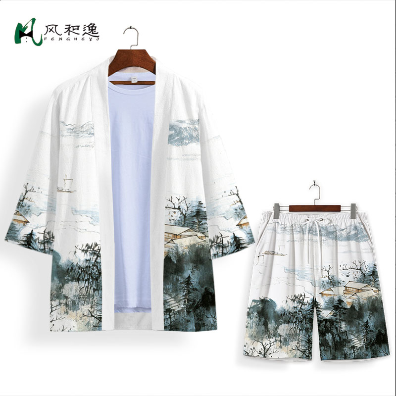 Áo nam Trung Quốc vẽ gió nam mặc retro mực cảnh quan đường robe kem chống nắng mùa hè Tang ăn mặc trung niên Han quần áo phù hợp với