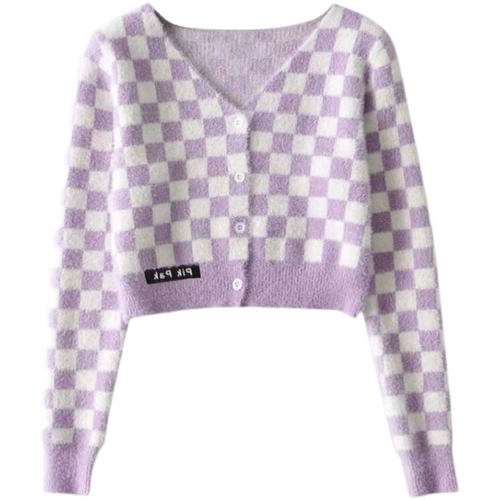 Ретро короткий бархатный свитер, сиреневый цветной трикотажный зимний кардиган