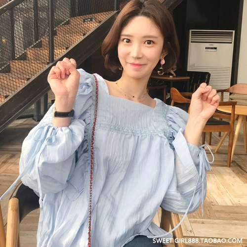 Милая рубашка, синий шифоновый лонгслив, осенняя, свободный крой