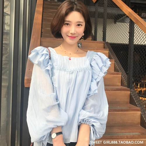 Милая рубашка, синий шифоновый лонгслив, осенняя, свободный крой