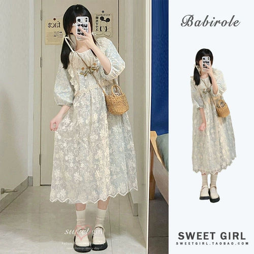 Летнее синее кружевное платье с коротким рукавом, кукла, комплект, цветочный принт, кукольный воротник