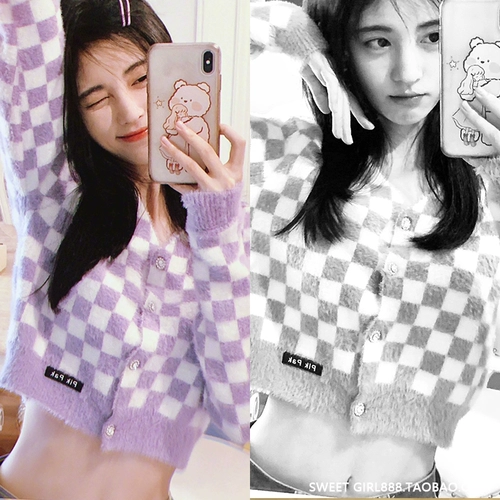 Ретро короткий бархатный свитер, сиреневый цветной трикотажный зимний кардиган