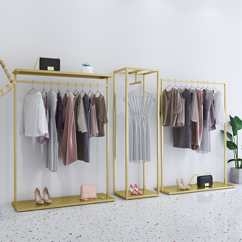 Gold minimalist clothing store display stand floor-standing hanger women's clothing store shelf wrought iron clothing clothes rack - Taobao