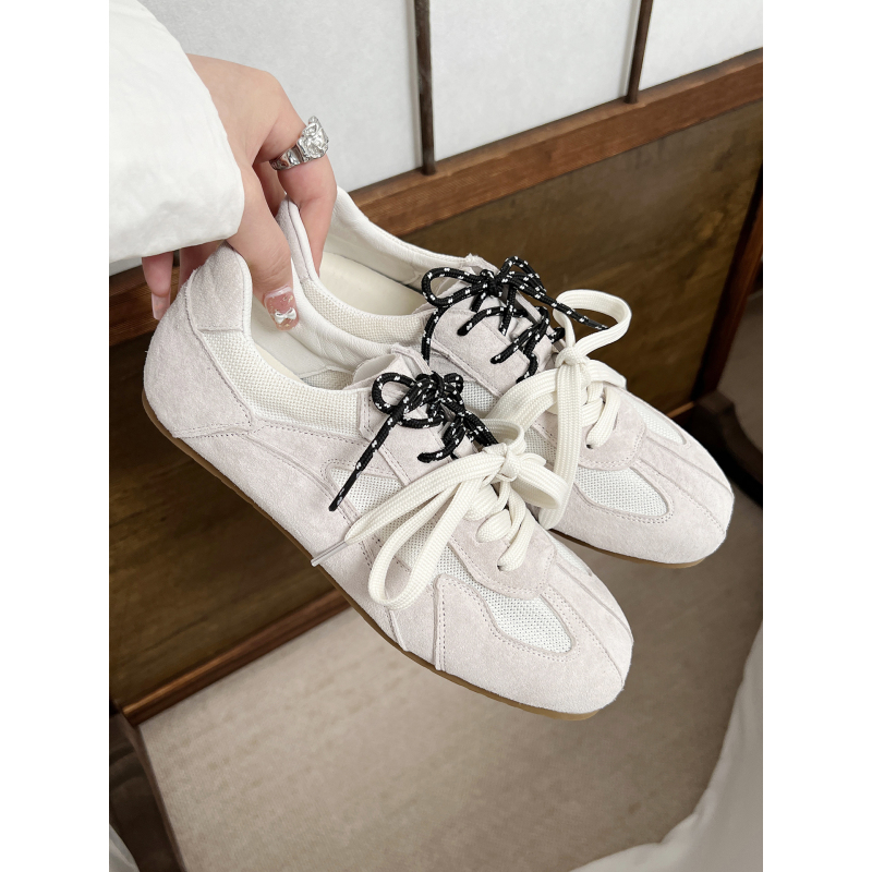 [Starfish Home] Retro Genuine Leather Casual Sports Double-Strap Color-Block Ballet Style German Training Shoes Women's Comfortable Single Shoes