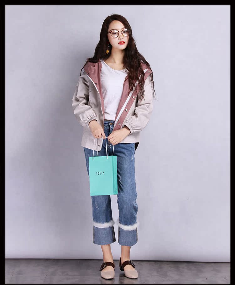 Xuân 2018 sản phẩm mới Hàn Quốc giản dị buông lơi áo khoác lửng mỏng ngắn Tráng áo tương phản màu áo khoác nữ áo khoác thể thao nữ