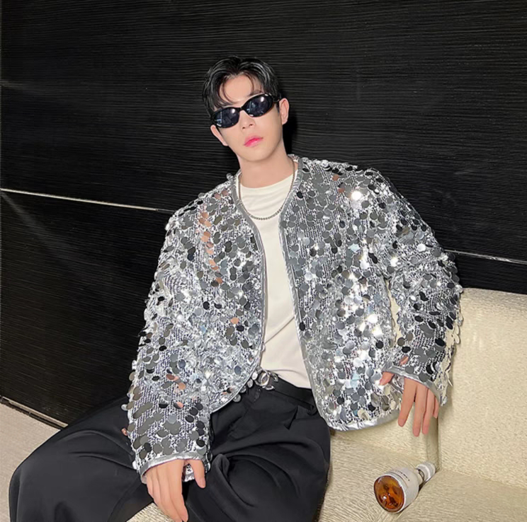 Performance Clothing for Adult Men, New Year's Party Sequin Jacket, Street-Style Sequin Stage Performance Top for Men