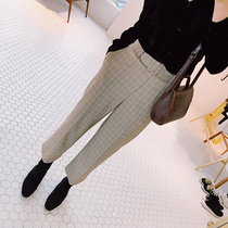 (Maze designer) Spring and summer wide-leg pants Houndstooth suit pants Womens high-waisted nine-point pants retro belt giant push