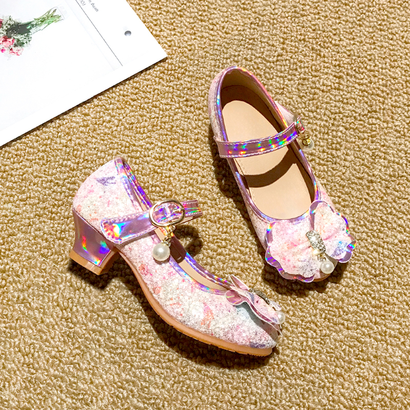 2026 New Spring and Autumn Children's Single Shoes, Performance Shoes, Bow Crystal Shoes, Princess Shoes, Little Girl High Heels, Pink