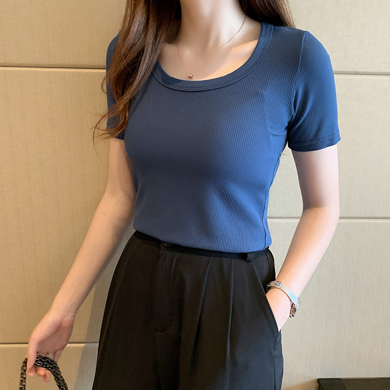 Pure Color T-shirt Woman Short Sleeve 2022 Summer New Body Ice Silk Knit Sweatshirt Thin Undershirt Skintight Blouse
