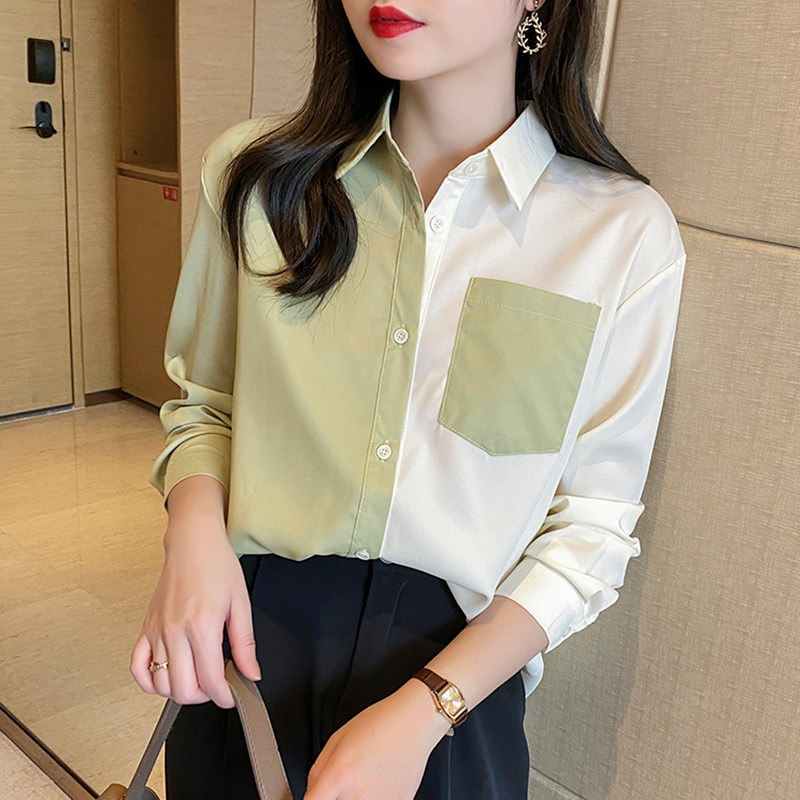 2022 Summer New Foreign Pie Collage Snowspinning Shirt Woman in the middle of the shade Long sleeves Long sleeves Shirt Loose Blouse