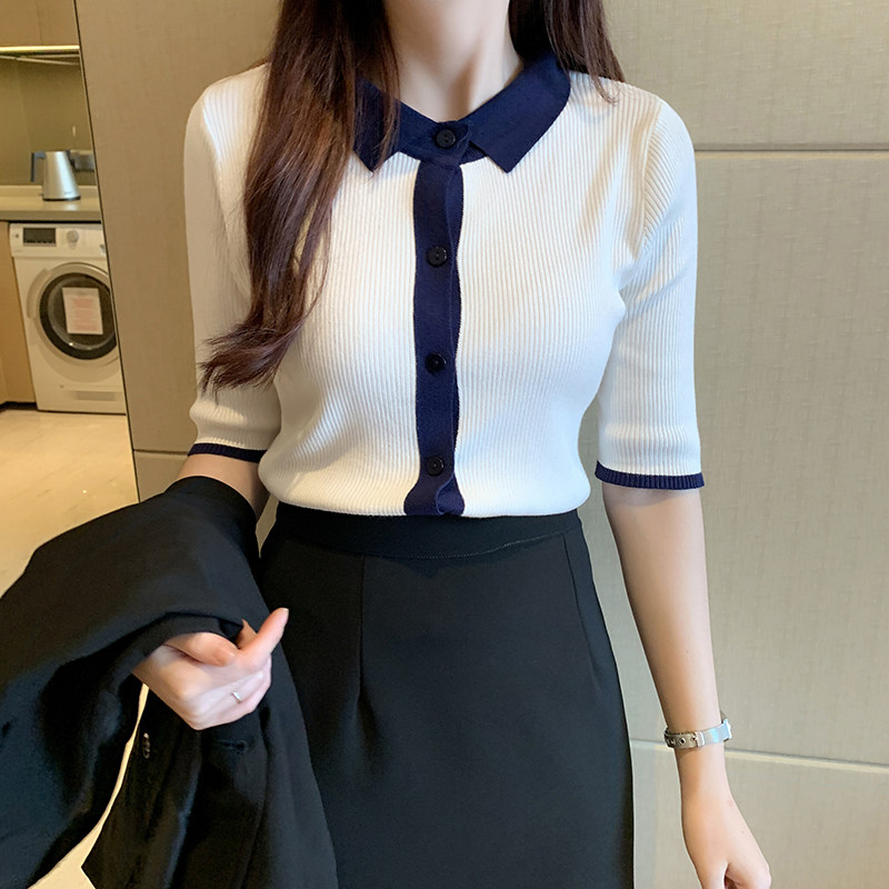 2022 Summer new white ice-silk-knitted sweatshirt woman thin T-shirt with a short-in-a-fit undershirt