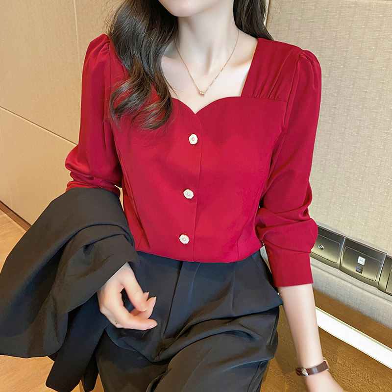 2022 Summer new sweet and beautiful Don't get blouse V collar red shirt woman long sleeve snow-spinning shirt design feeling small
