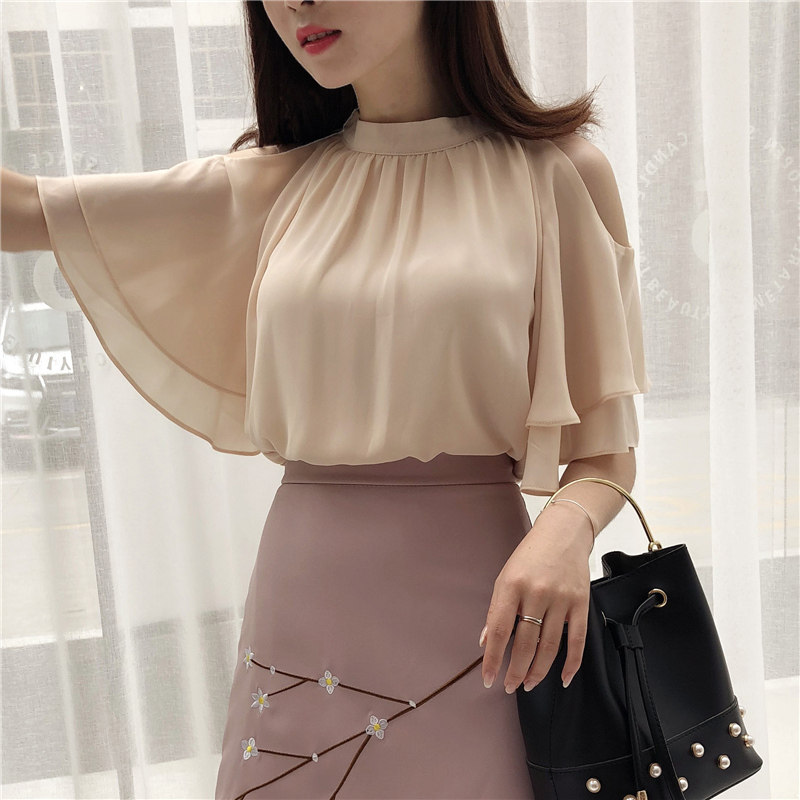 Short-sleeved chiffon shirt women's thin section 2022 summer new belly-covering chiffon top women's shirt all-match shirt small shirt