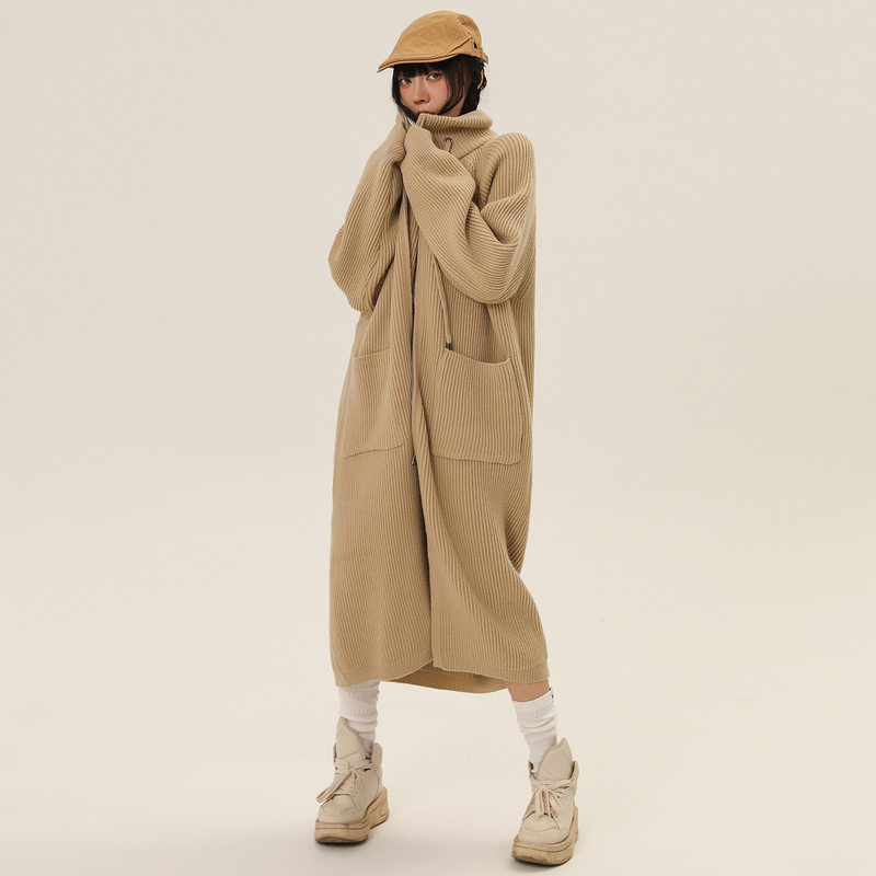 2026 Spring and Autumn High-Neck Korean-Style Loose Cardigan Sweater for Women, Autumn and Winter Mid-Length Lazy Style Outerwear Knitted Jacket