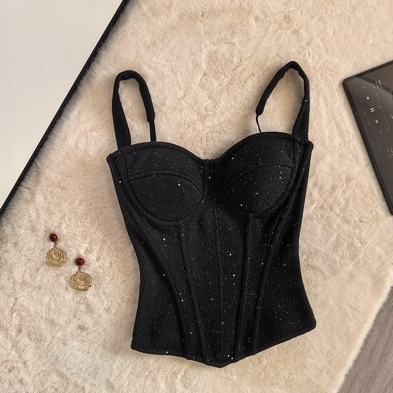 Black Fishbone Bra Camisole for Women, Slim-Fitting Waist-Cinching Short Top with Chest Pads, Base Layer Tube Top