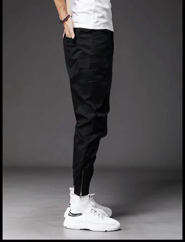 Chức năng Guochao overalls quần nam dây kéo lỏng quần chân chân quần nam Harlan cộng với quần nhung chân quan ao nam