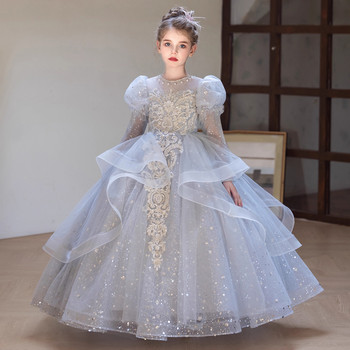 Girls' Long-Sleeved Dress, Classy and Luxurious, Kidsren's Birthday Princess Dress, Flower Girl, Little Girl, Host, Piano Performance Dress