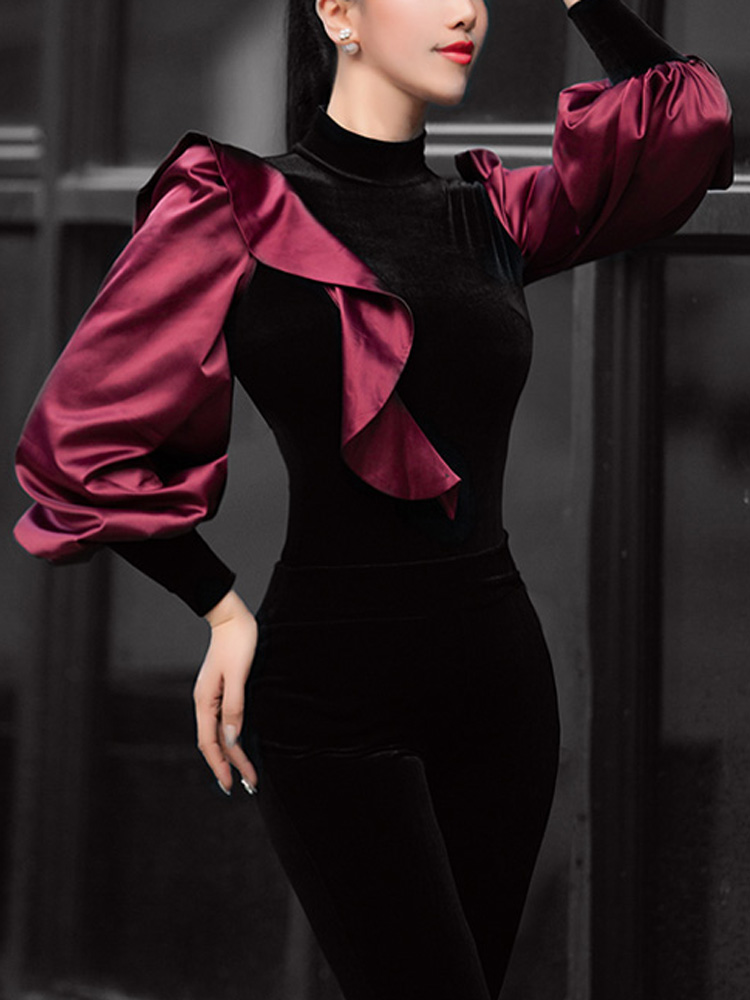 Fashion silk long sleeve fall winter shape manners mentor dress dance models walk out modern dance suit