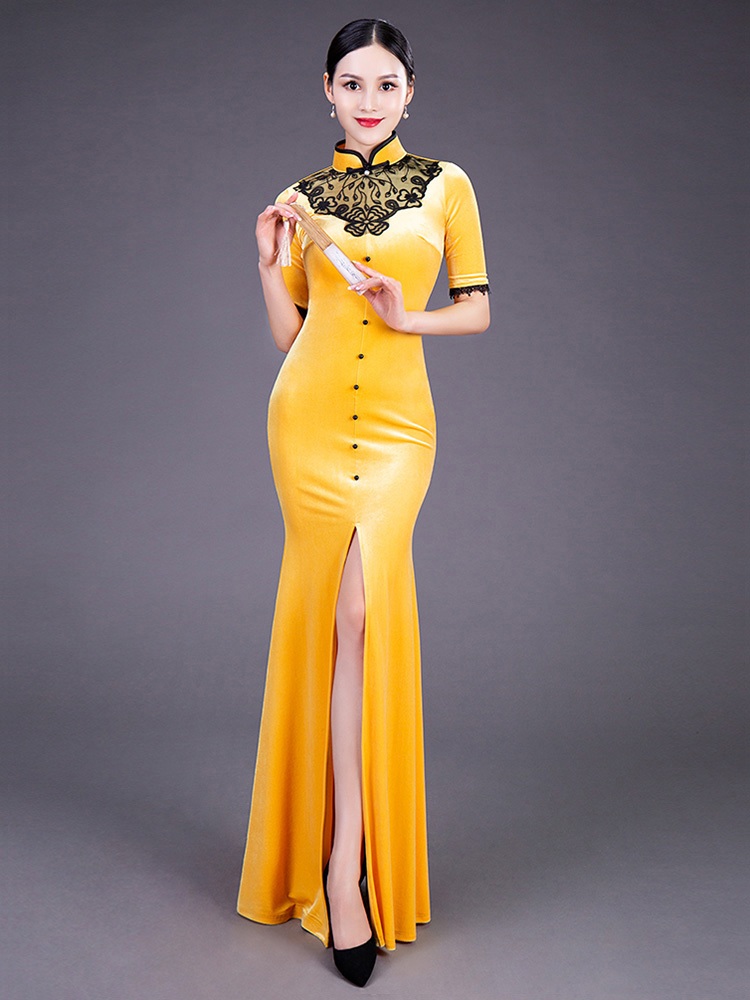 Dancing Pose Wing Qipao Young Section Yellow Velvet Body Suit Tutor 2020 Temperament Long Version Annual Meeting Evening Gown Chair