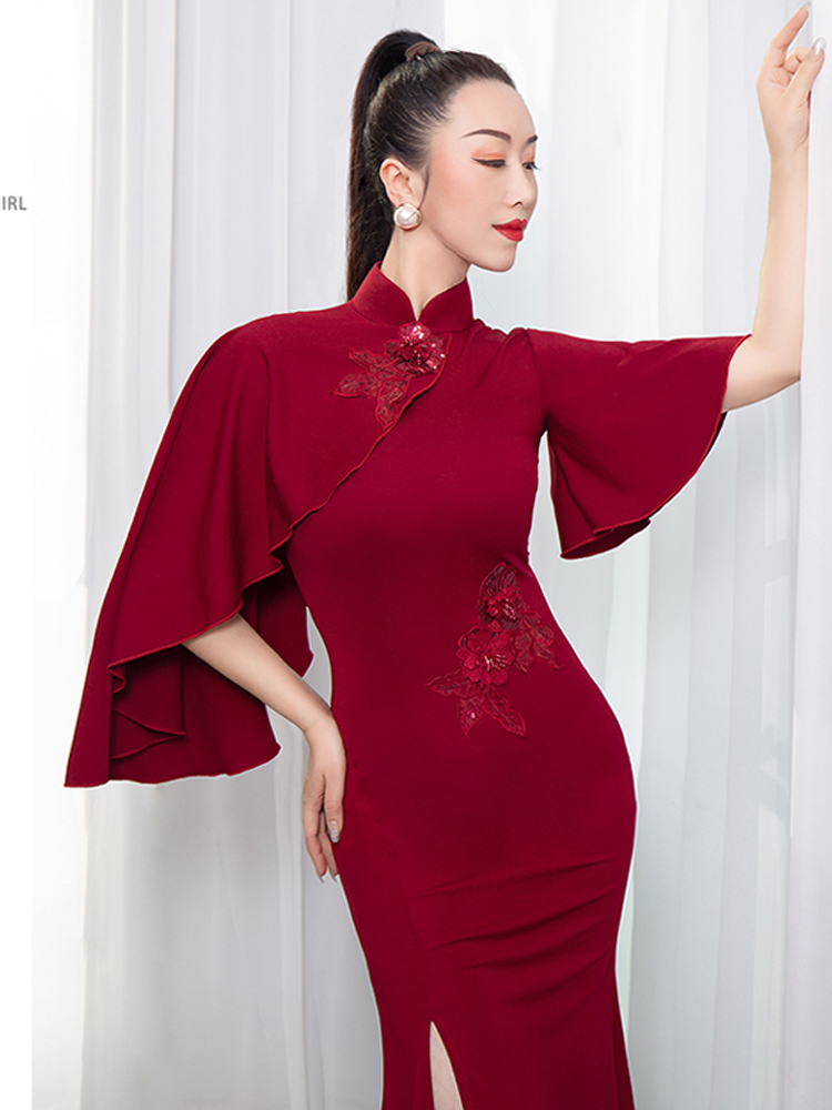 Dance wine red small high-collar exquisite embroidery irregularly fluttered fashion shape gift instrument long banner robe model show