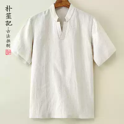 Original men's linen short sleeves summer loose breathable trend V collar thin fat man tea zen clothes large size Men's costume