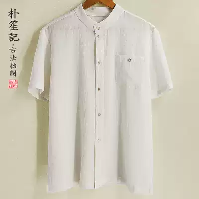 Original linen shirt men's summer breathable thin short sleeve fat Zen clothing retro large size loose Republic of China men's