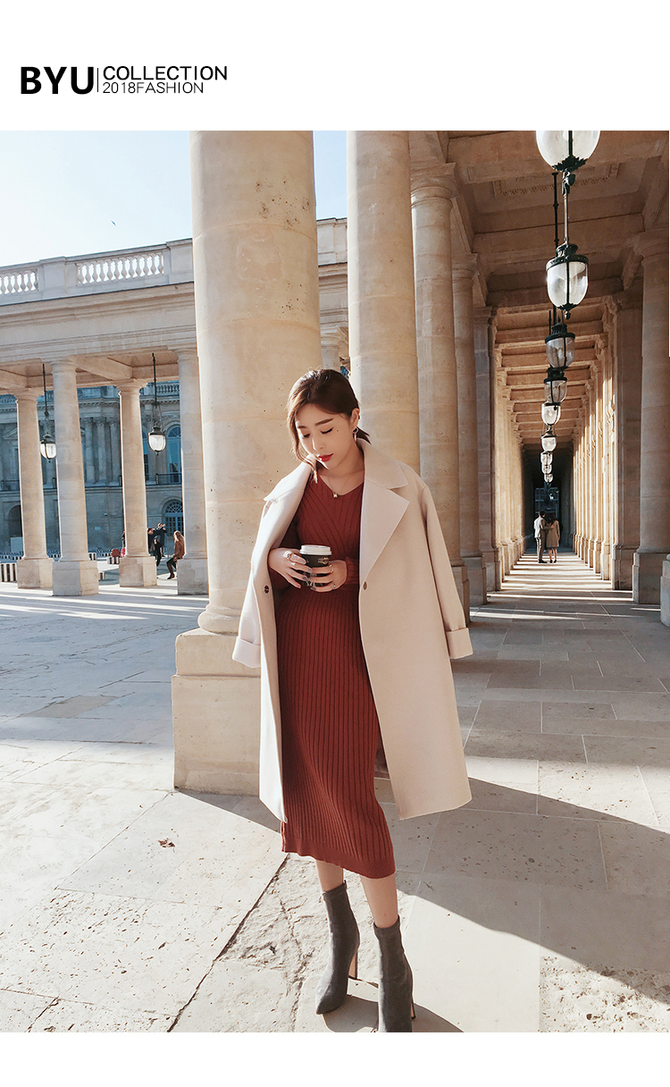 ByYou mùa đông len mới qua áo khoác len đầu gối nữ Slim dài nhỏ nhỏ áo len hai mặt mẫu áo khoác nữ đẹp