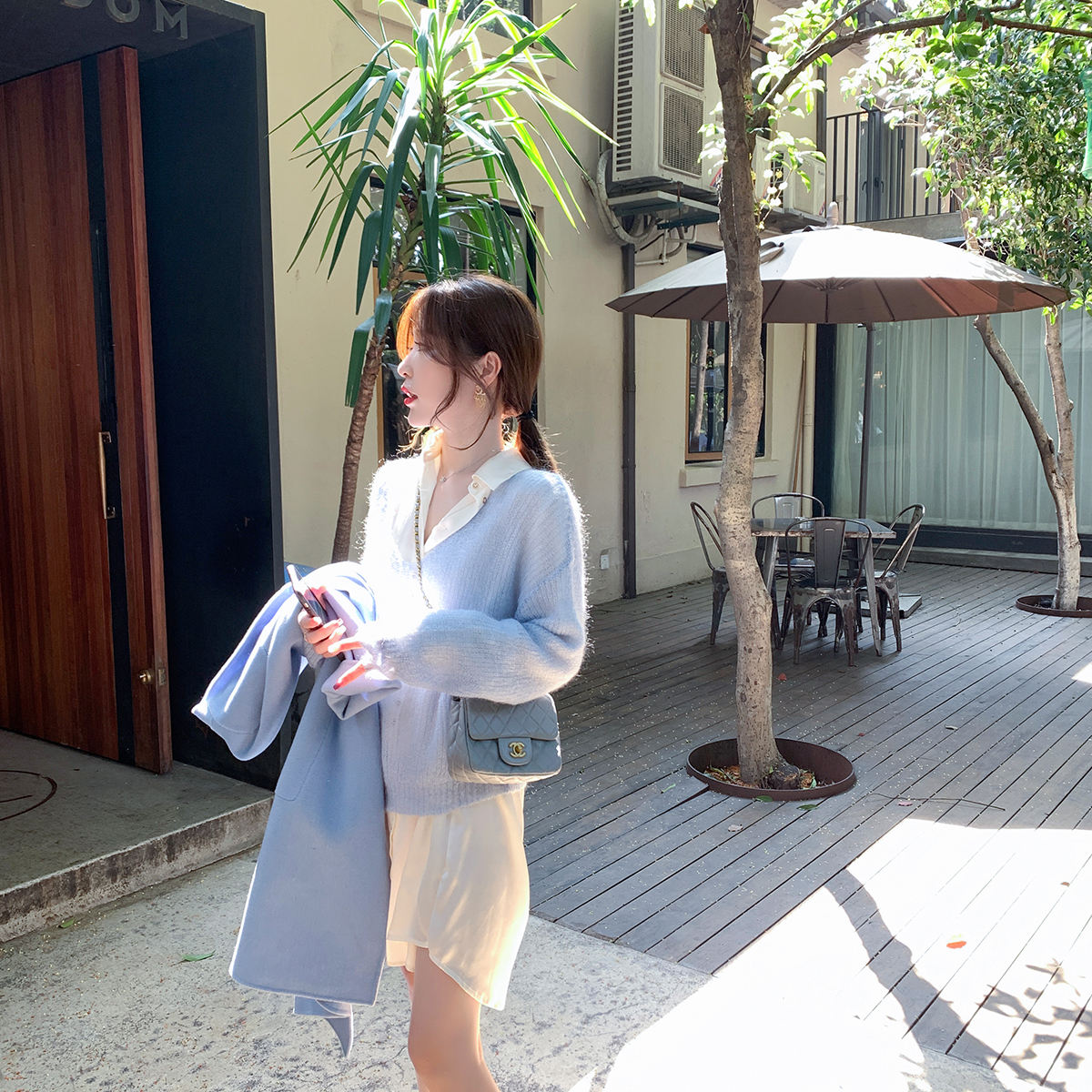 ByYou autumn new blue mohair thin sweater women's long-sleeved loose all-match pullover knitted top