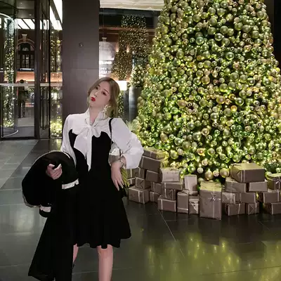 ByYou summer bow fake two-piece stitching black inner knitted dress shows thin waist base skirt