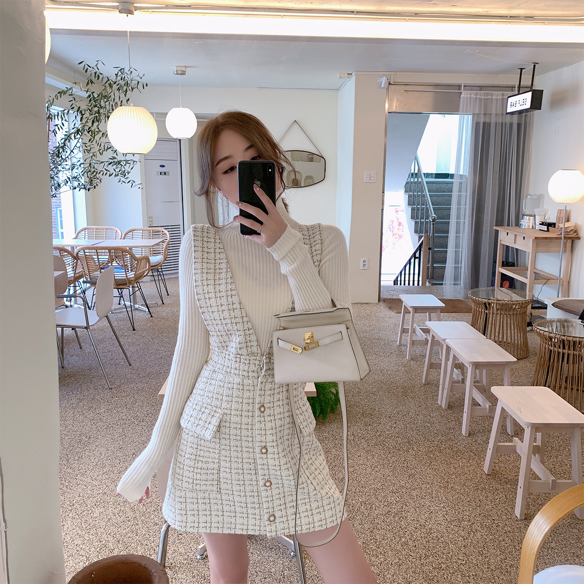 ByYou 2022 autumn and winter foreign plaid Mao, baby with baby bag for women's new high waist display slim short dress A word dress