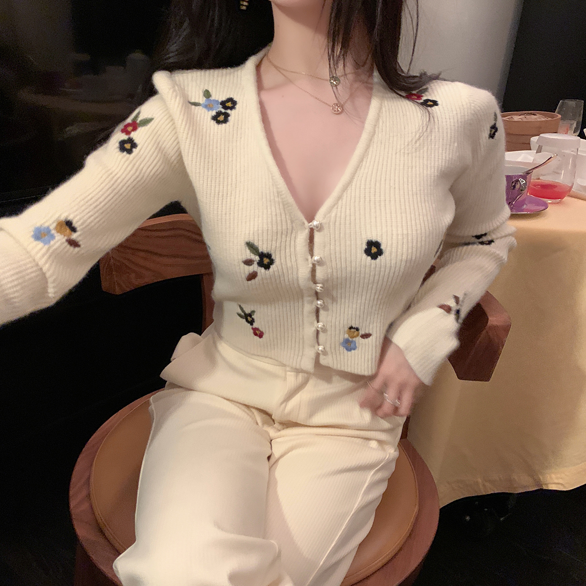 ByYou2022 Winter Temperament V Collar Knit Cardigan Design Feel Handmade Embroidered With Short Fur Coat Jacket