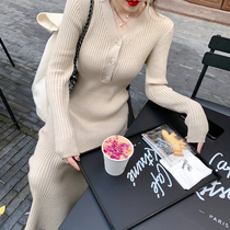 ByYou winter temperament V-neck thick thread knitted dress womens new waist slim long skirt