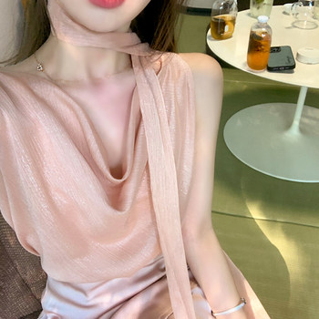 Byyou summer high-end pearlescent pink sleeveless collar shirt chiffon shirt ເສື້ອຢືດສັ້ນແບບຜູ້ຍິງ