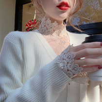 ByYou autumn and winter foreign half high collar water soluble lace base shirt womens new wild long sleeve top