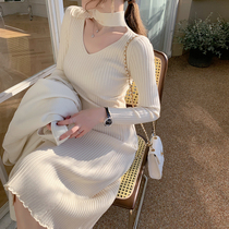 ByYou Winter Design feel neck V neck knit dress women waist thin thick long inner skirt