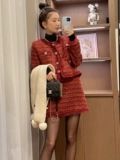 Красный осенний демисезонный комплект, юбка, в стиле Шанель, в западном стиле, увеличенная толщина