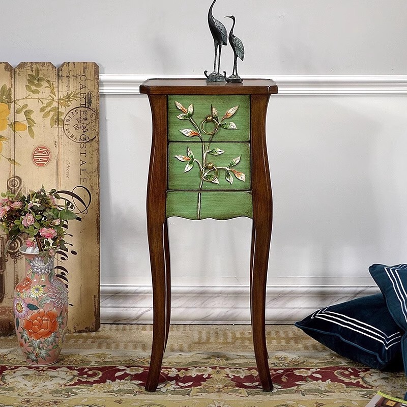American-Style Living Room with Painted Vintage Furniture, Green Sofa, Small Corner Table, European-Style Side Table, Solid Wood Square Table, Light Luxury Side Cabinet