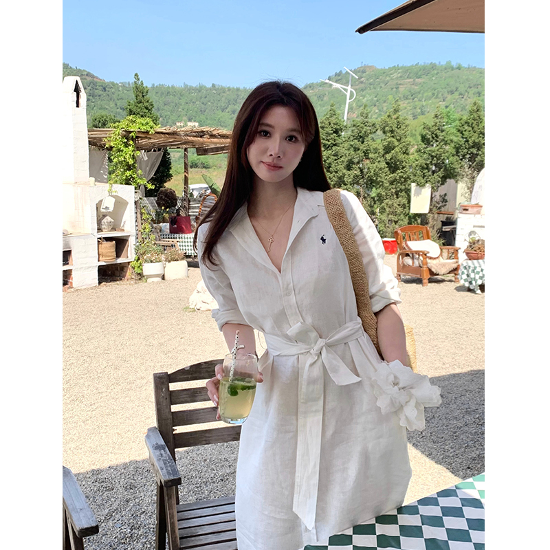 Luo Qianjin 100% Pure Linen 2026 New Vintage Style Shirt with Waist-Cinching White Loose-Fitting Polo Long-Sleeve Dress