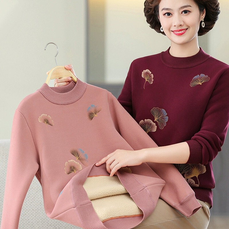 Mother's Winter Clothing, One-Piece Fleece Sweater for Middle-Aged and Elderly Women, with Added Fleece and Thickness for Warmth, Stylish Knitted Base Layer Top