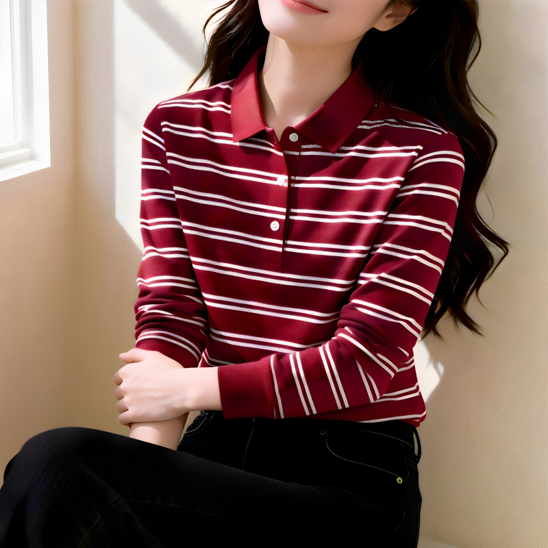 2026 New Spring and Autumn Color-Block Striped Lapel T-Shirt for Women, Long-Sleeved, Pure Cotton, Slimming, Versatile, Casual Polo Shirt Top 2026 New Spring and Autumn Color-Block Striped Lapel T-Shirt for Women, Long-Sleeved, Pure Cotton, Slimming, Versatile, Casual Polo Shirt Top
