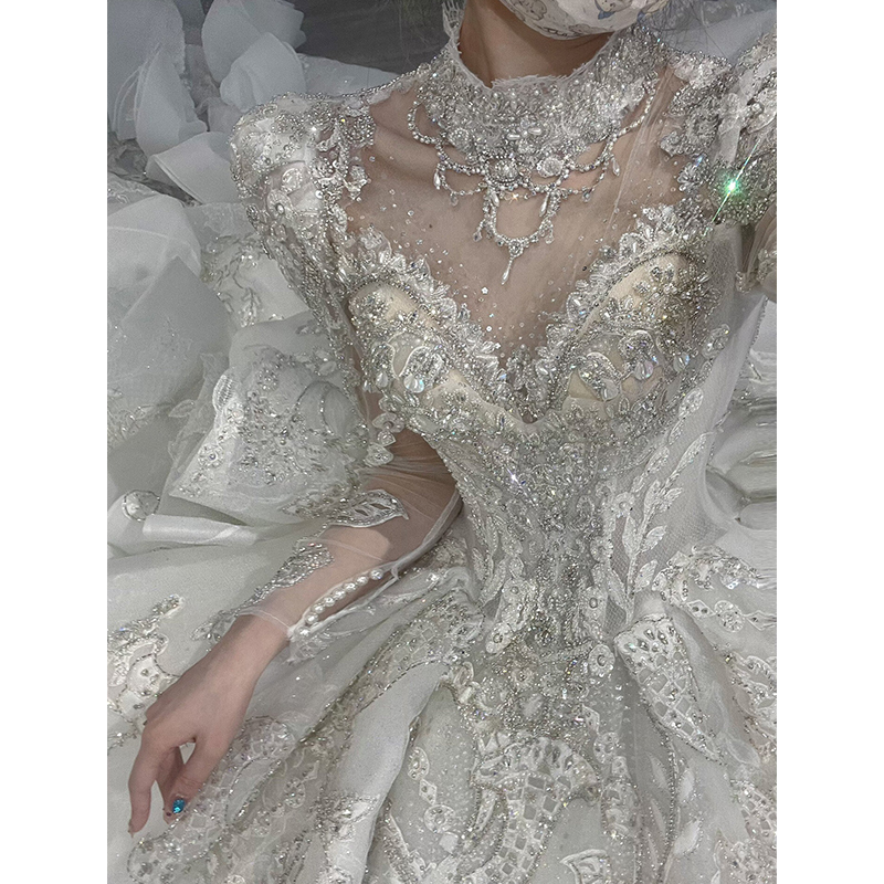 Long-Sleeve Main Wedding Dress 2025 New Style Bride 2026 Large Train High-End Starry Sky Petite Heavy Craftsmanship Court Style Long-Sleeve Main Wedding Dress 2025 New Style Bride 2026 Large Train High-End Starry Sky Petite Heavy Craftsmanship Court Style