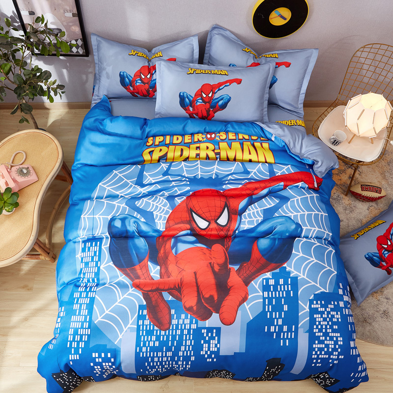 Spider-Man Four-Piece Set, Pure Cotton, Superhero Cartoon, Boys, Children, Student Dormitory Bed Three-Piece Set, Fitted Sheet for Girls