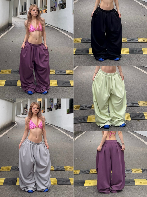 Hxien Original Letter Pleated Ultra-Thin Cool-Feeling Sports Pants Jazz Multi-Pocket Drawstring Water-Style Sweatpants