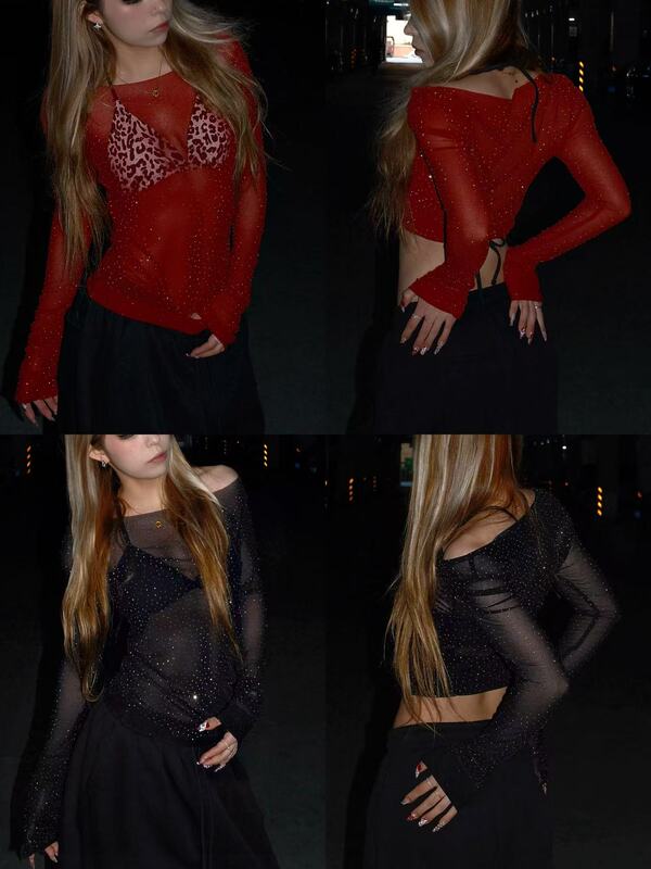 Hxien Full Rhinestone Embellished Lace Long-Sleeve Comfortable Flared Sleeve Base Shirt with a Jazz Vibe