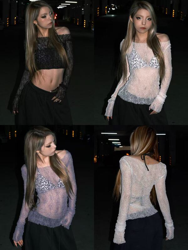 Hxien Lace Long-Sleeved Sexy Hollow-Out Patterned Shirt Jazz Mesh Base Shirt Slim Fit Inner Top