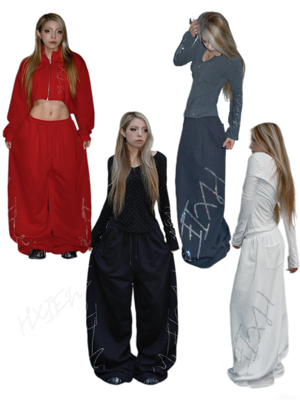 Hxien Original Hot-Stitched Rhinestone Super Shiny Large Pattern Sparkling Pants with Edge Trim, Large and Small Rhinestones, Jazz-Style Soft Wide-Leg Drawstring Trousers