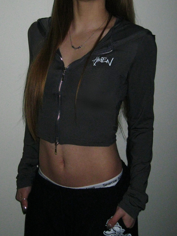 Hxien Hooded Jazz Long-Sleeve Zip-Up Crop Top Slim Fit Sexy Base Shirt