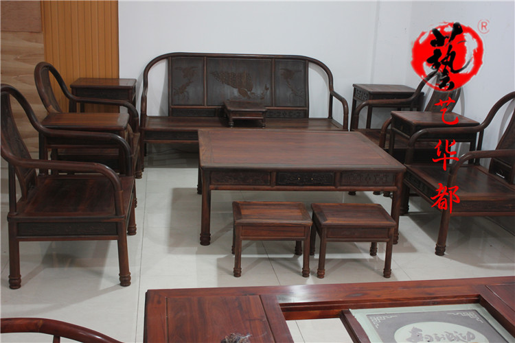 Nội thất gỗ gụ Lào gỗ hồng đỏ Tân chạm khắc ghế sofa tròn 13 mảnh đặt ghế sofa gỗ rắn Sian Dalbergia - Bộ đồ nội thất giường ngủ hiện đại cao cấp