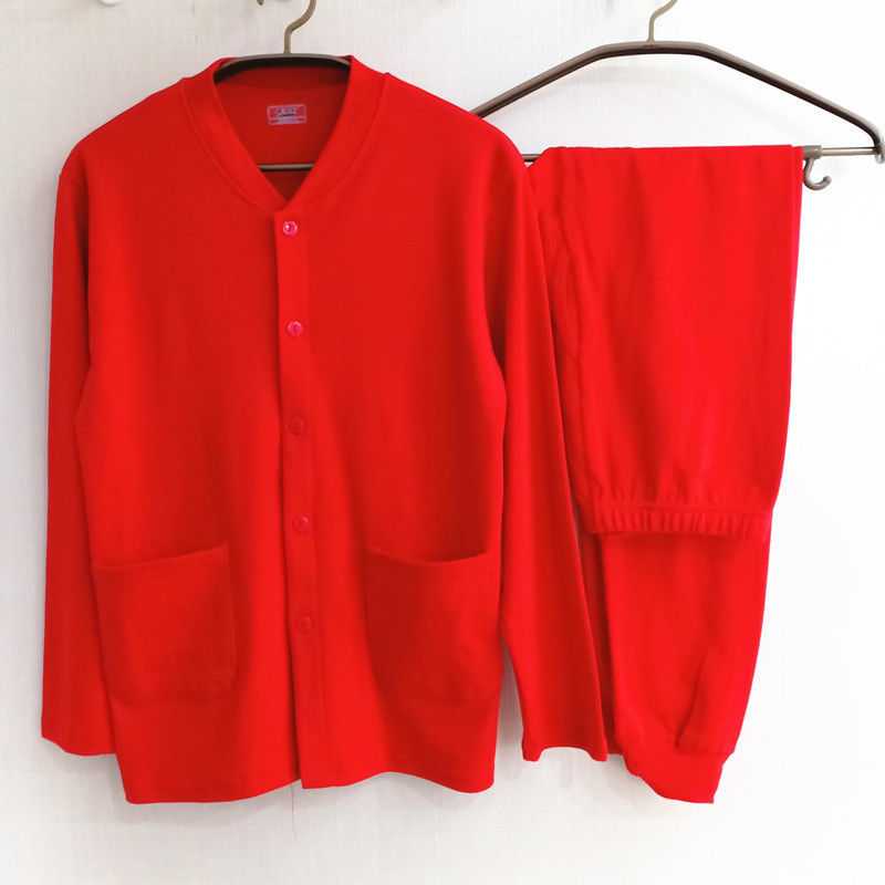 Mother and female natal year red autumn clothes and long johns cotton cardigan middle-aged and elderly men and women year of the ox thermal underwear set
